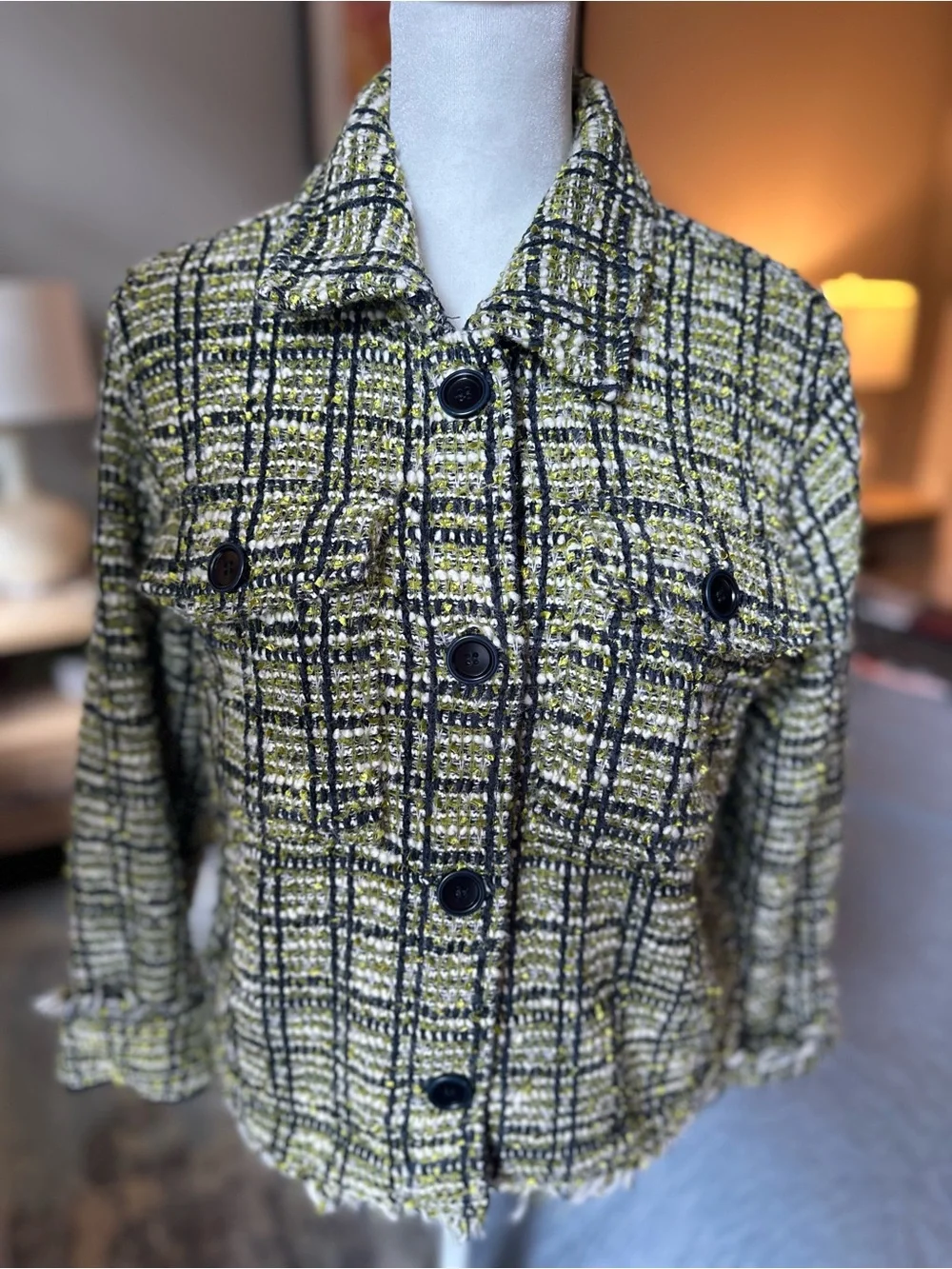 NWOT Liverpool Woven Tweed Button-Front Jacket in Olive Plaid
